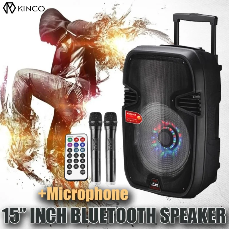 

Kinco 15Inch Bluetooth Wireless LED Light Speaker Karaoke Machine System With 2Pcs Microphone Singing Machine Box Player