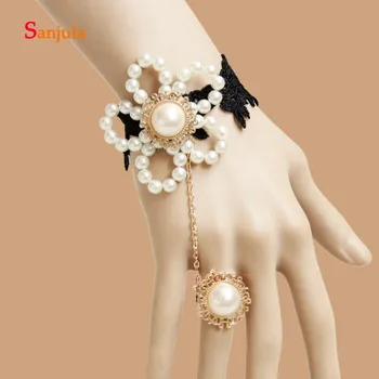 

Beaded Flower Shape Charming Gloves for Bridal Big Pearls Rings Wrist Length Short Wedding Gloves Black Lace accesorios boda G56