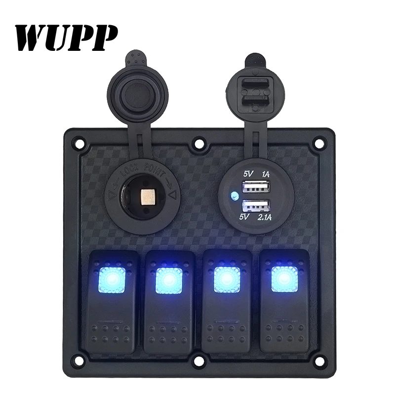 

WUPP 4 Gang Boat Rocker Switch Panel Dual USB Cigarette Lighter Socket Car Switch Panel LED Switch USB Marine Switch Panel