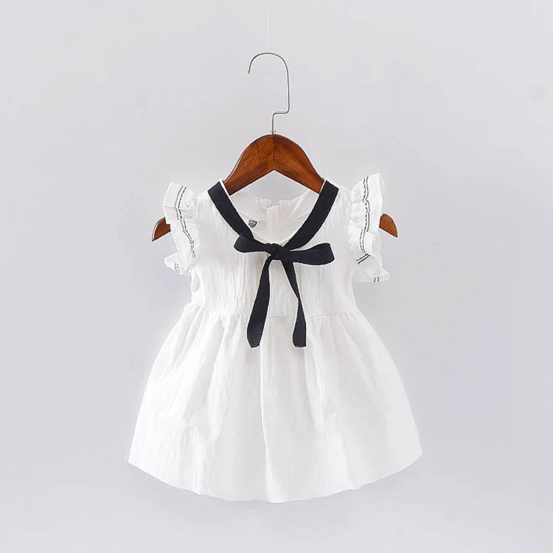 

Girls Navy Dress 2018 Summer Cotton Girls Clothes Bow Vintage Cute Style Kids White Clothing Toddler Girl Mini Princess Dress