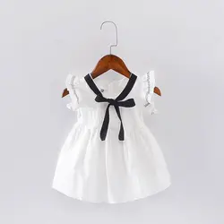 Для девочек темно-синее платье 2018 Лето Одежда для девочек из хлопка с бантом милые винтажные стиль дети белый одежда для маленьких девочек