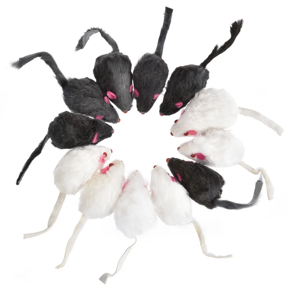 Моделирование плюшевая мышь игрушки 12 шт. мышь натуральный мех смешанные загруженные игрушки для домашних животных кошка Китти со звуком черный и белый цвет