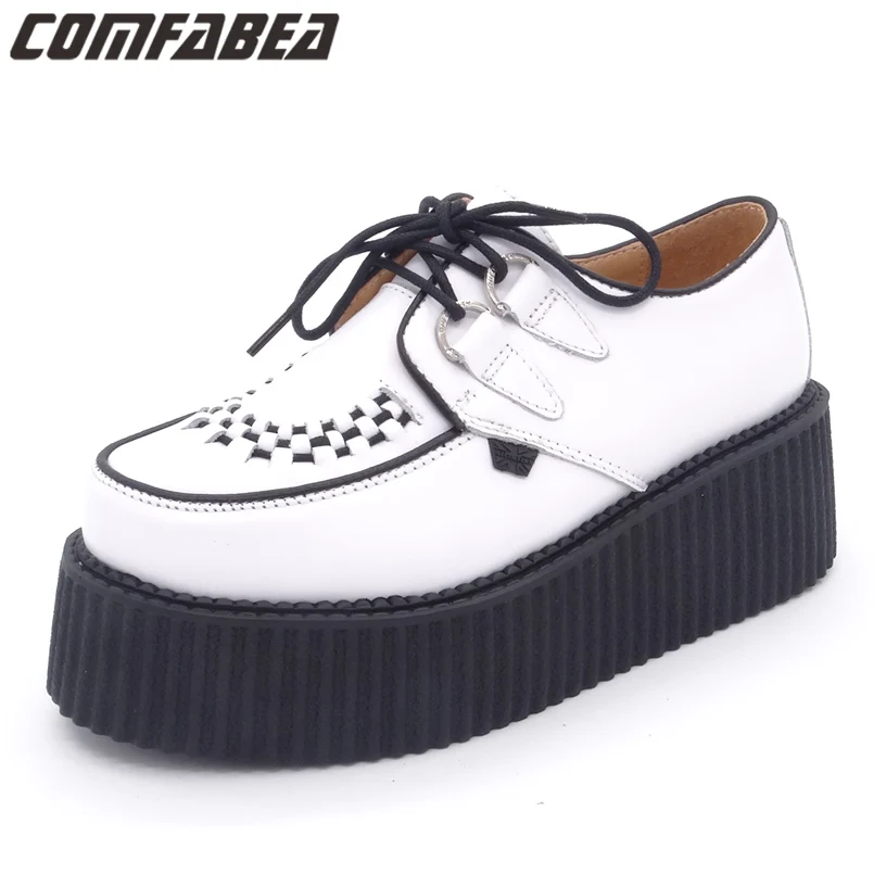

Women Casual Spring Autumn Shoe Plus Size Real Leather Female Ladies Punk Goth Platform Flat Creeper Grain Leather Footwear