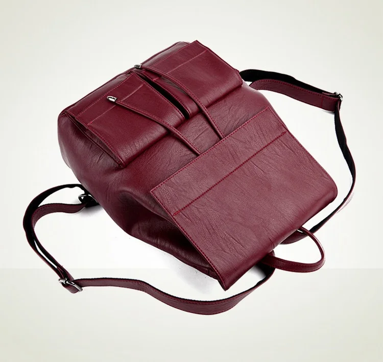 MJ Women Leather Backpack Solid PU Leather Travel Bag Branded Design Female Large School Bag for Girls High Capacity Drawstring (20)