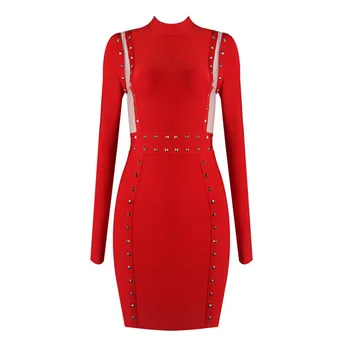 

Spring women bandage dress red mesh hollow out rivet celebrity evening wedding bodycon dresses sexy pencil women's red dress
