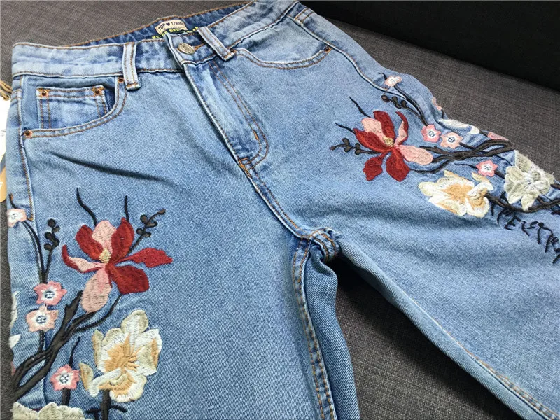 Новые джинсы с 3D цветочной вышивкой для женщин высокая талия Повседневный стиль Свободные женские джинсы размера плюс джинсовые штаны