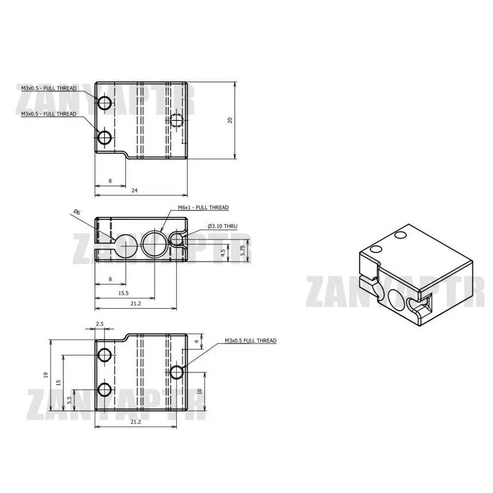 Zyaptr нагревательный блок Volcano для E3D вулкан hotend термистор сенсор PT100 3D принтер 24x20x12 мм