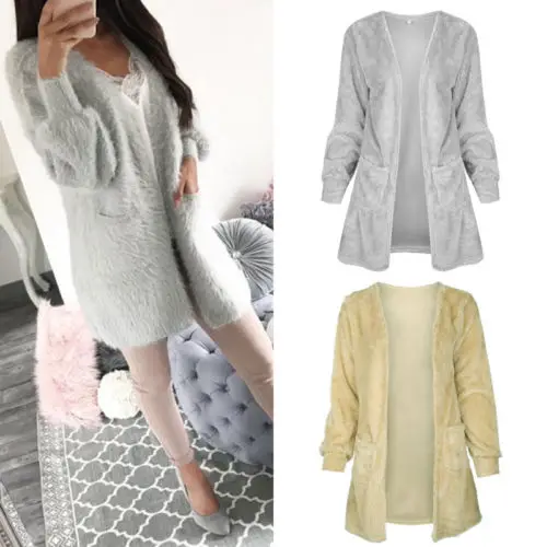 

Winter Spring Women Gray Khaki Cardigans Long Sleeve Solid Plush Open Front Coat Jacket Outwear Loose Jackets