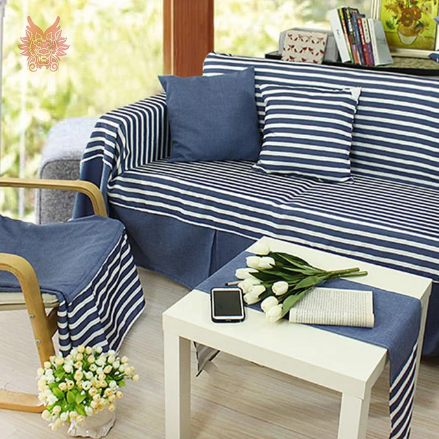 Buy Light dark blue stripe sofa cover thick linen