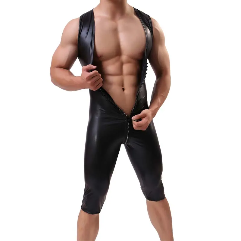 Bodysuit Men Imitation Leather High Elasticity Zipper One-piece Clothing Body Shaper Jumpsuit Mens Jockstrap Bodysuit