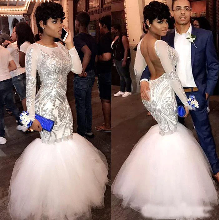 

Hot Sale African White Mermaid Long Sleeves Prom Dresses Backless Sequined Appliqued Lace Evening Wear Party Gowns