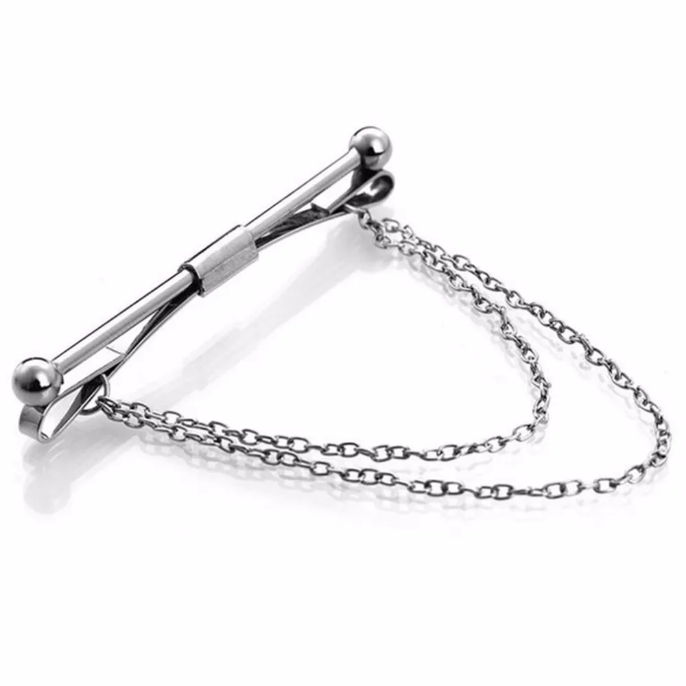 Plain Metal Men Stylish Shirt Collar Clip Bar Pin Clip Chain Tie Brooch
