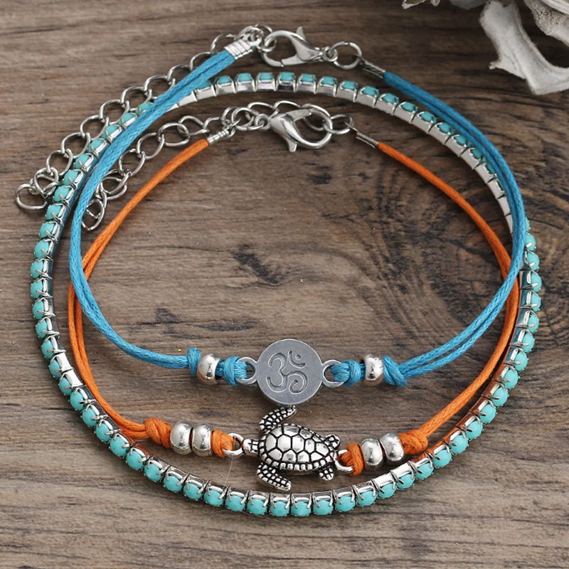 

LNRRABC 2018 new Multi-layered Women's fashion Charm Bead Jewelry Anklet Bohemia green stone Turtle ankle bracelet enkelbandje