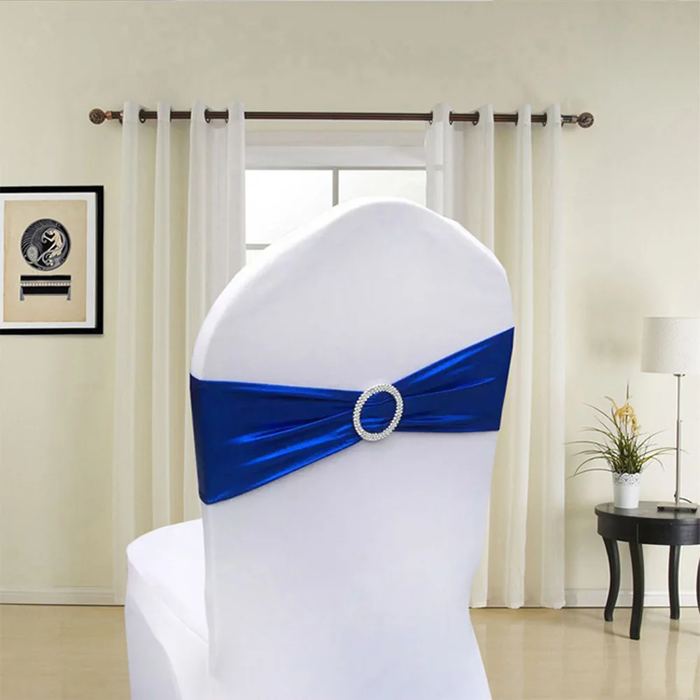 20pcs/lot Wedding Party Decoration Metallic Gold/Silver Stretch Chair Sash Band With Round Buckle Hotel Banquet Party Favor - Color: royal blue