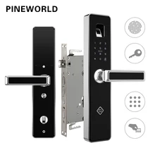 PINEWORLD Biometric Fingerprint Smart Lock,Handle Electronic Door Lock,Fingerprint/RFID/Key Touch Screen Digital Password Lock digital electronic smart lever locks handle password passage entry satin chrome password lock