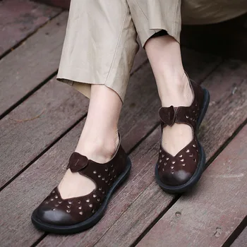 

2019 VALLU Leather Shoes Women Flats Round Toes Natural Suede Hollow Out Handmade Casual Shoes Woman Loafers