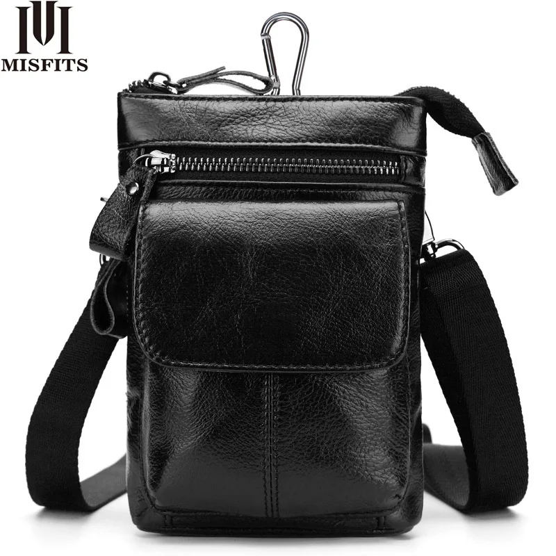 MISFITS Genuine Leather Men Messenger Bag Hot Sale Male Small Casual Crossbody Shoulder Bags Travel New Waist Packs Man Handbags