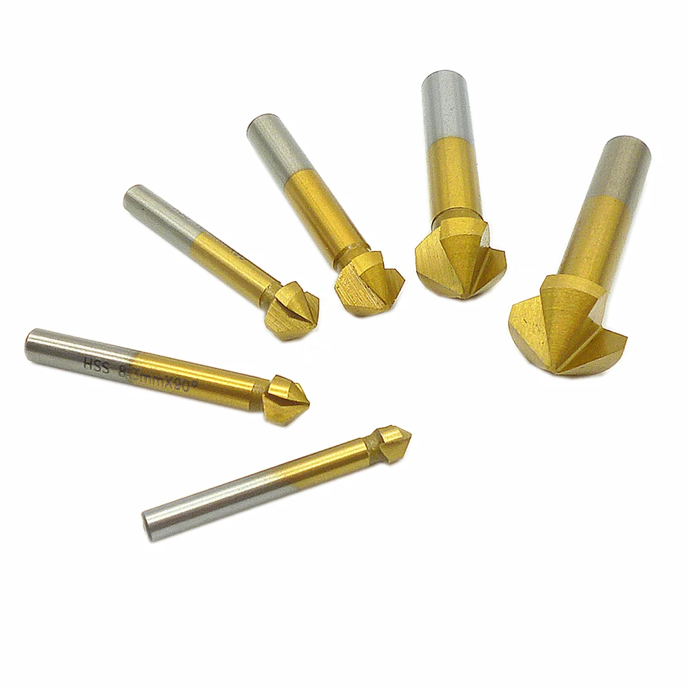 6pcs 90 Degree Three Flute Chamfer Chamfering Edge Mill Cutter Tools HSS Titanium Coated