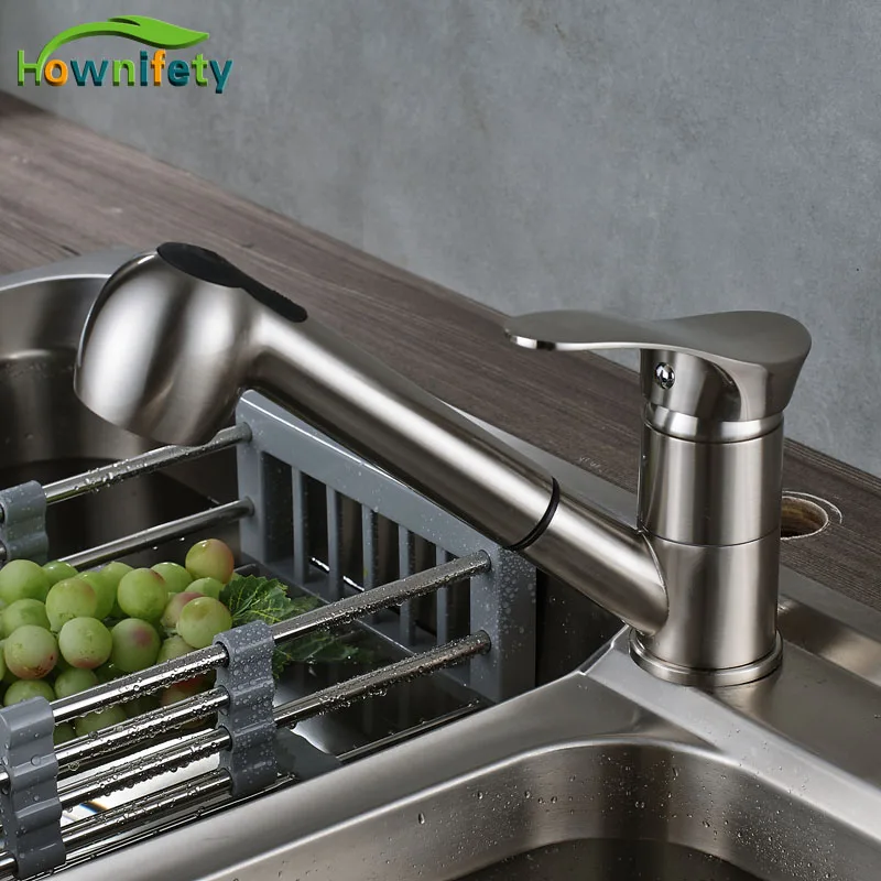 

Wholesale And Retail Brushed Nickle Finish Kitchen Sink Mixers Single Level Pull Out Sprayer Hot And Cold Water Faucet