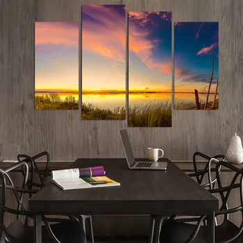 

HD Printed Modern Canvas Wall Art Painting Modular 4 Piece/Pcs Lake Dusk Beautiful View Home Decor Living Room Pictures Framed