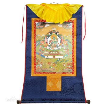 티베트어 탕가 스크롤 새틴 페인팅 불교 포레이트 골드 스탬핑 그린 타라 걸이형 탕카 부처님 피규어, 무료 배송