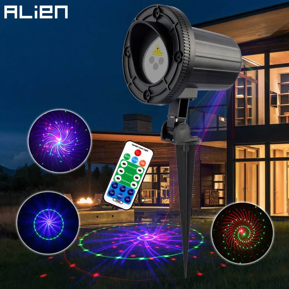 

ALIEN Remote Outdoor Laser Motion Static 12 Patterns RGB Garden Laser Light Christmas Holiday Tree Decor Waterproof Show Lights