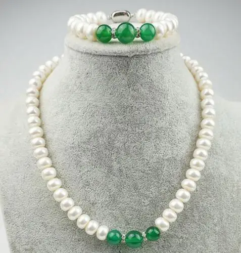 

free shipping >>>>Genuine Natural 5X7MM WHITE CULTURED PEARL & GREEN necklace Bracelet AAA