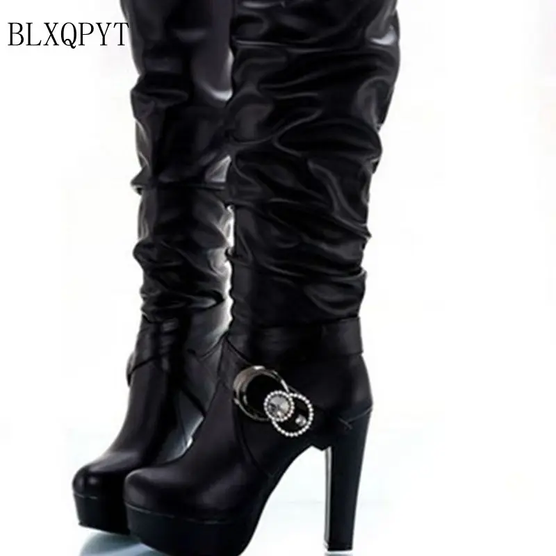 BLXQPY Botas Mujer, большие размеры 34-43, фирменный дизайн, Сапоги выше колена с заплатками, толстая подошва, платформа, тонкий, длинный, зима, осень, 66-6