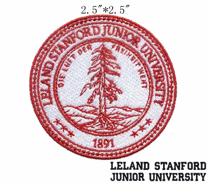 

Leland Stanford Junior University Seal 2.5" wide embroidery patch for red tree/1891 texts/snow