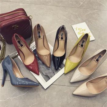 

2019 Women Pumps Red Lacquer Patent Leather High Heels 10cm Wedding Party Shoes Sexy Stiletto Pointed Toe RedBridesmaid Pumps