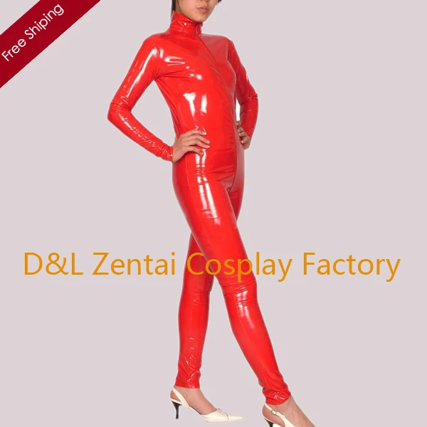 Free Shipping DHL Custom Made Adult Sexy Red Front Zipper Closure PVC Catsuit PV111
