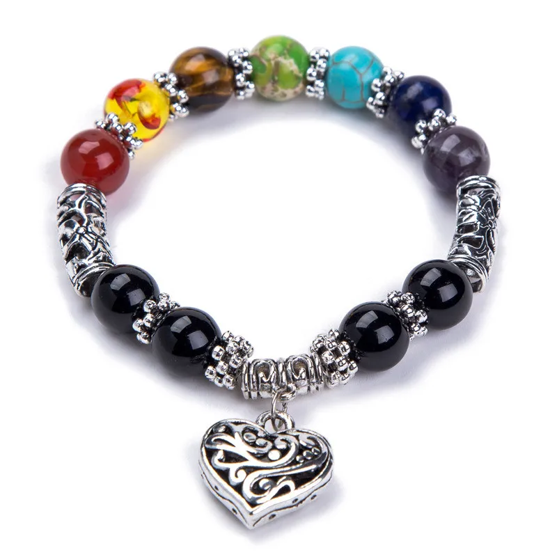 

New Men Women 7 Chakra Bracelets Bangles Colors Mixed Healing Crystals Stone Chakra Pray Mala Heart Charm Bracelet Jewelry