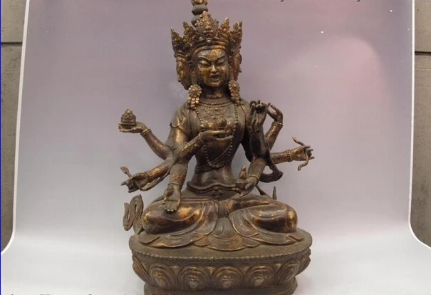

song voge gem S0875 Tibet Buddhist Bronze Copper Three Face Eight Arm Kwan-yin Boddhisattva statue