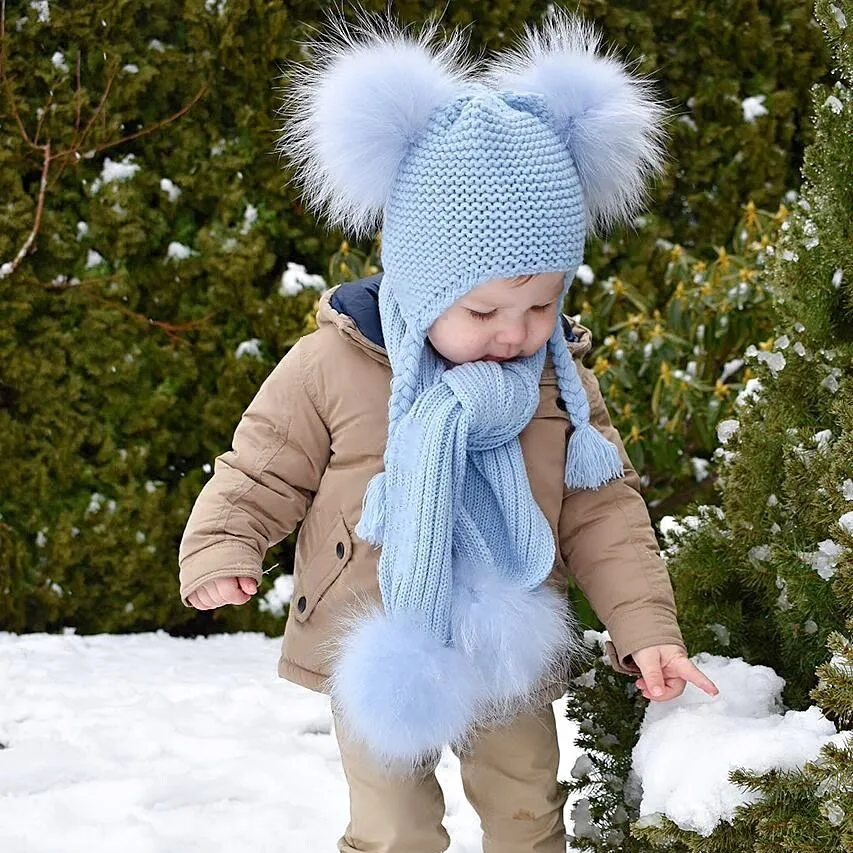 kids-winter-hat-and-scarf-set-for-children-girls-boys-luxury-warm-crochet-beanie-set-real-raccoon-fur-pompom-cap-and-scarf-set