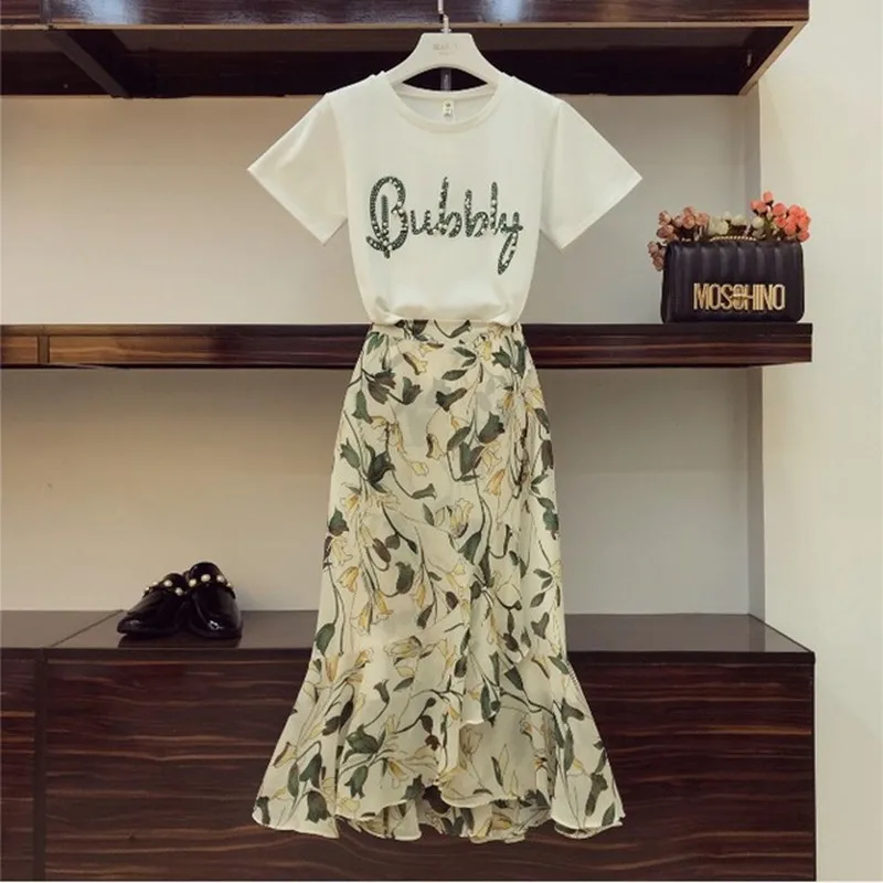 

2019 New Fashion Summer Women's Beading Letters T-shirt + Floral Print Chiffon Fish Tail Skirt Two Piece Lady Girls Skirt Suits