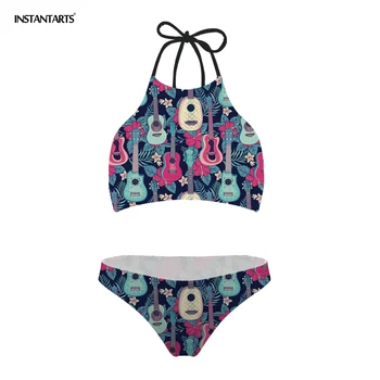 

INSTANTARTS 2018 Sexy Bandage Bikini Women Push Up Swimwear Tropical Ukulele Printed Brazilian Bikini Set Swim Suit Bathing Suit