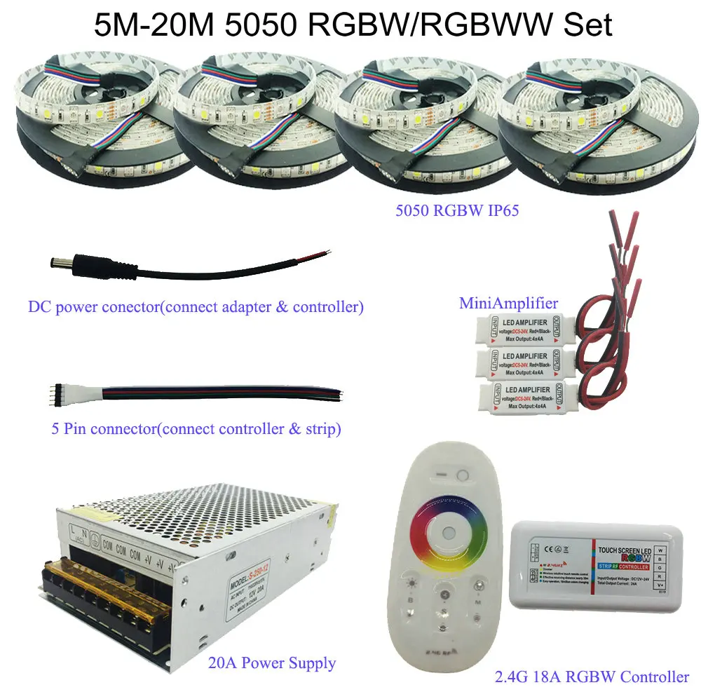 

5M/10M/15M/20M 5050 RGBW/RGBWW LED Strip Set With 2.4G Touch Screen RF Remote Controller+12V Power Supply Adapter+Amplifier