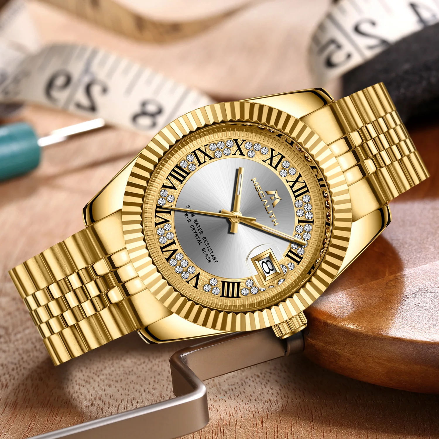 

MEGALITH Top Brand Watches Men Diamond New Hombre Luxury Clock Watches Gold Waterproof Timer Wristwatch Gent Business Casual Men