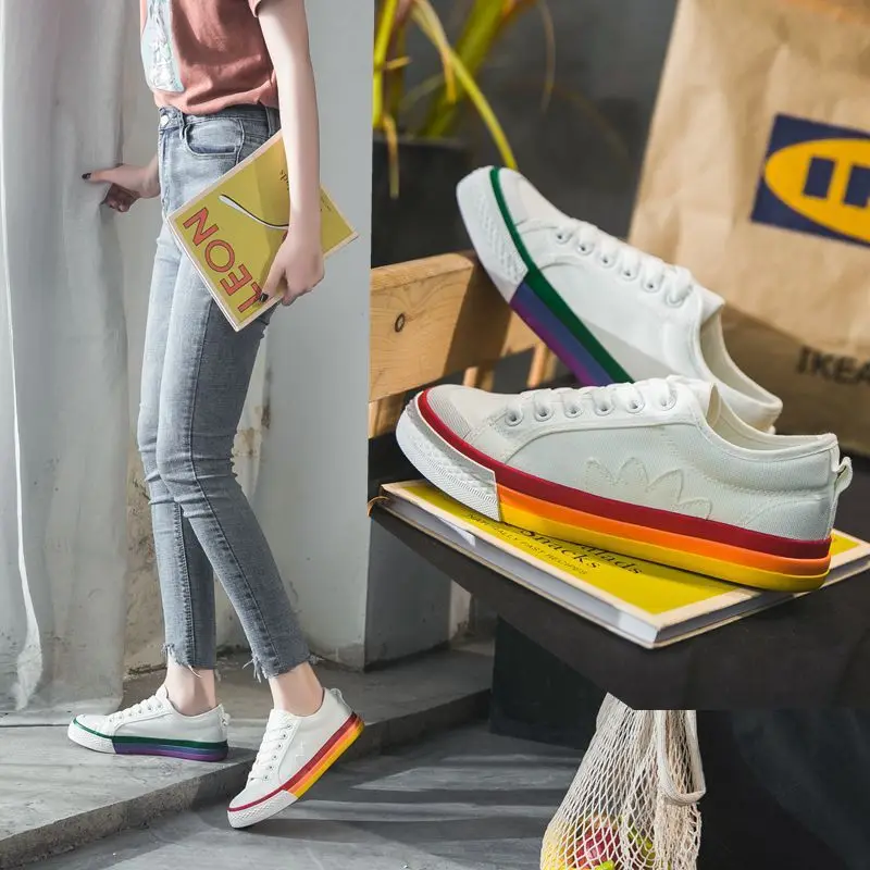 

ROMMEDAL Rainbow Canvas Female Summer Breathable Shoes Woman Student Korean Edition Mandarin Duck Stitching Leisure soft Shoes