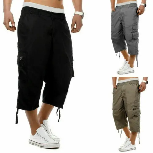 Men's Casual Combat Cargo Shorts 3/4 Sport Pants Beach Elastic Waist Safari Style Trousers US