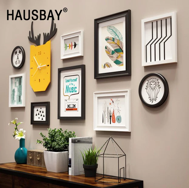 

European Stype Home Design Wedding Photo Frame Wall Decoration Wooden Picture Frame Set Wall Photo Frame Set With Clock 1901