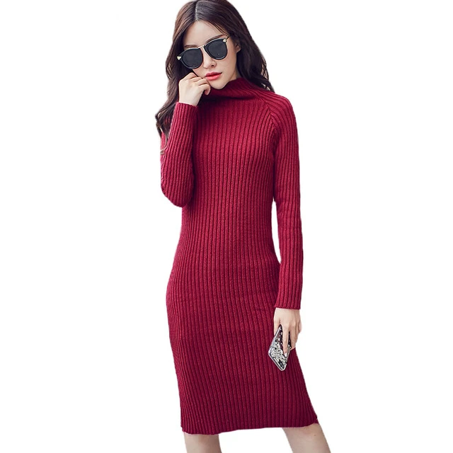 2019 New Women Sweater Dresses Autumn Winter Long Sleeve Knitted Turtleneck Thick Warm Slim Party Dresses vestido de festa 1916