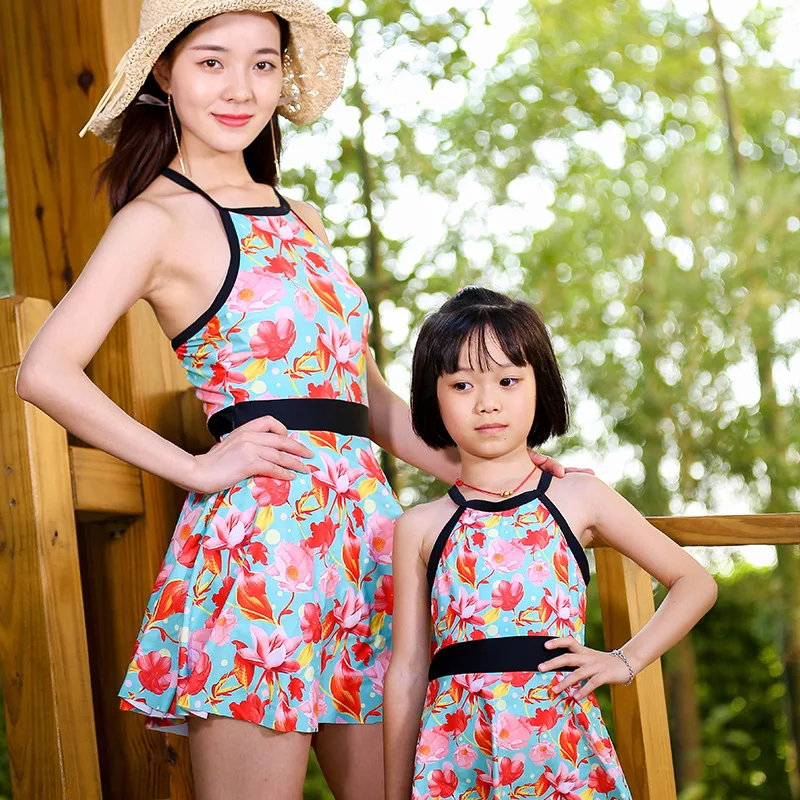 2018 Mother Daughter Swimsuit with Skirt Mom and Daughter Flower Dress
