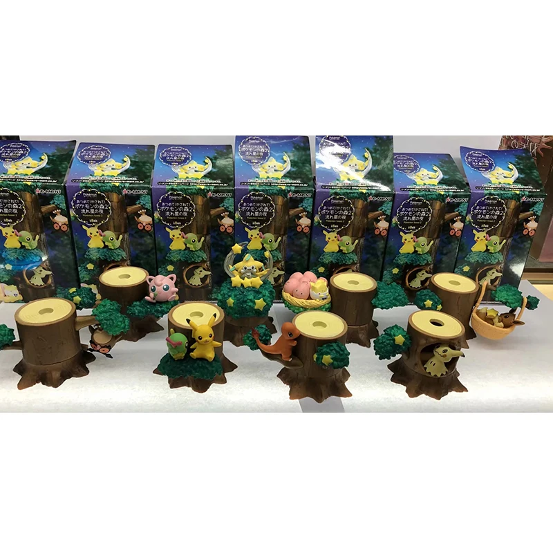 

8pcs/set Anime Pika Charmander Eevee in Forest Tree pokemones Forest 2 Tree of Shooting Star Night Figure Model Action Toys