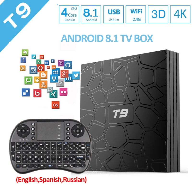 

T9 Android TV BOX Android 8.1 OS 4GB Ram 32 Rom Rk3328 Quad Core Smart TV Box 2.4G WiFi HDMI Media Player+i8 wireless keyboard