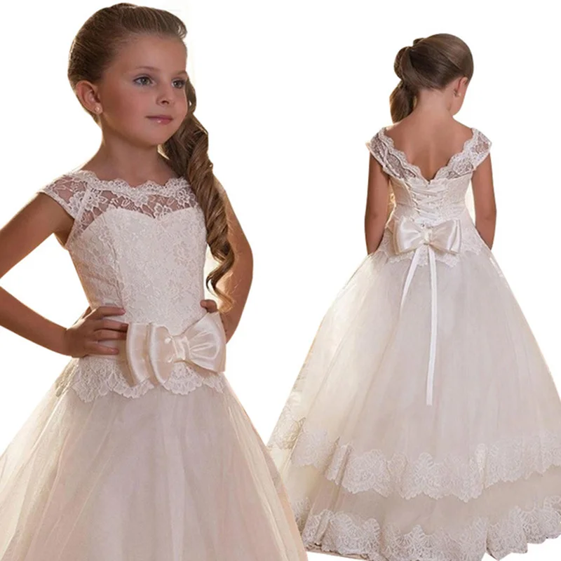 Розничная продажа, кружевное платье принцессы с вырезом в виде сердца для девочек, длинное белое платье для причастия, элегантное розовое