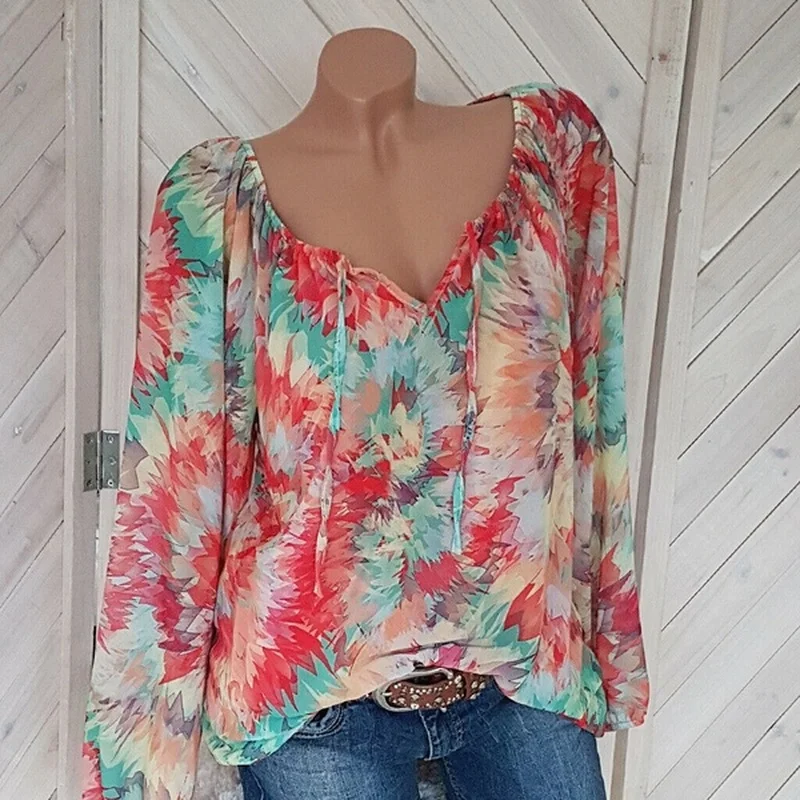 زائد حجم بوهو السيدات أعلى 5XL المعتاد النساء البلوزات عارضة الشاطئ طويلة الأكمام الخامس الرقبة قميص فضفاض خمر طباعة الصيف blusas