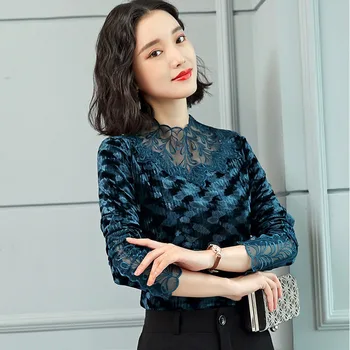 

Ladies Tops Gold Velvet T Shirts Women Fashion Lace Hollow Out T-Shirt Female Casual Long Sleeve O-Neck Tee Shirt Tops