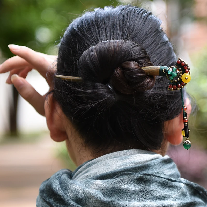

ethnic hairpin for women sanders wood sticks charm copper fan red yellow carnelian drop vintage jewelry 2017 fashion gift