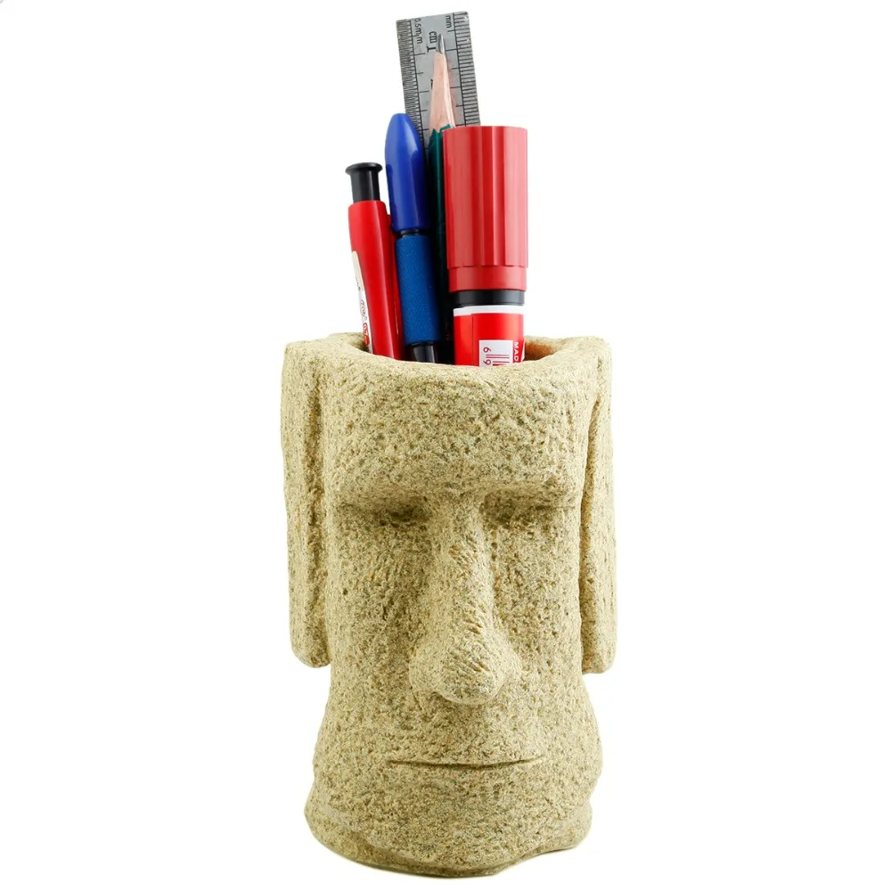 TUMBEELLUWA Песчаник статуи острова Пасхи, контейнер ручки Карандаш горшок резная Скульптура фигурка